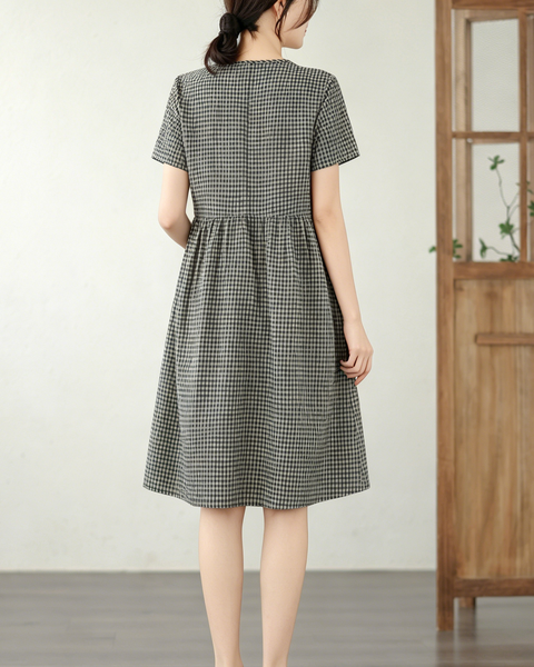 ellazhu Women's Gingham Dress Button Front Short Sleeve A Line GA2805