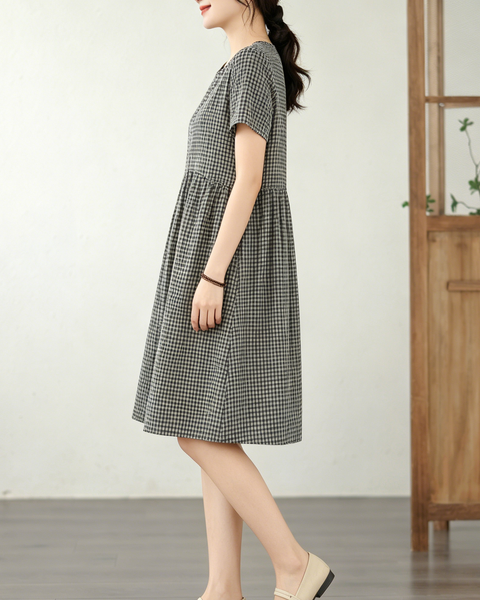 ellazhu Women's Gingham Dress Button Front Short Sleeve A Line GA2805