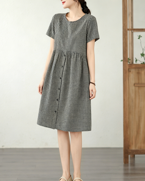 ellazhu Women's Gingham Dress Button Front Short Sleeve A Line GA2805