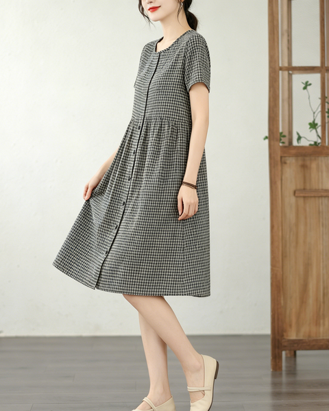 ellazhu Women's Gingham Dress Button Front Short Sleeve A Line GA2805