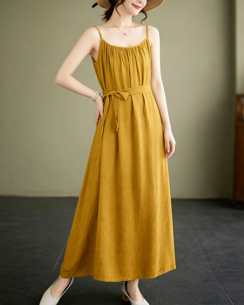 ellazhu Women's Cami Maxi Dress Jacquard Tie Waist Flowy Resort GA2806