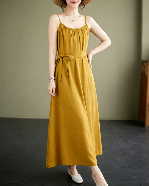 ellazhu Women's Cami Maxi Dress Jacquard Tie Waist Flowy Resort GA2806