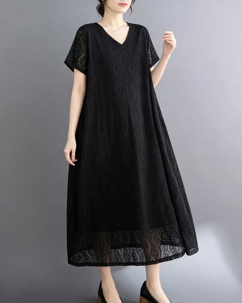 ellazhu Women's Lace V Neck Maxi Dress Loose A Line Resort Style GA2807