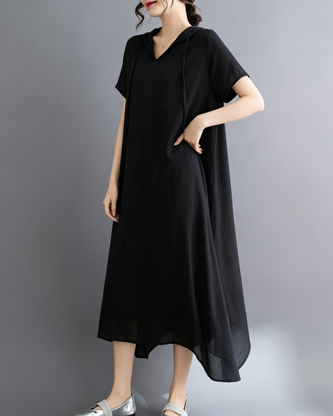 ellazhu Women's Hooded Maxi Dress V Neck Loose Fit A Line Beach GA2808