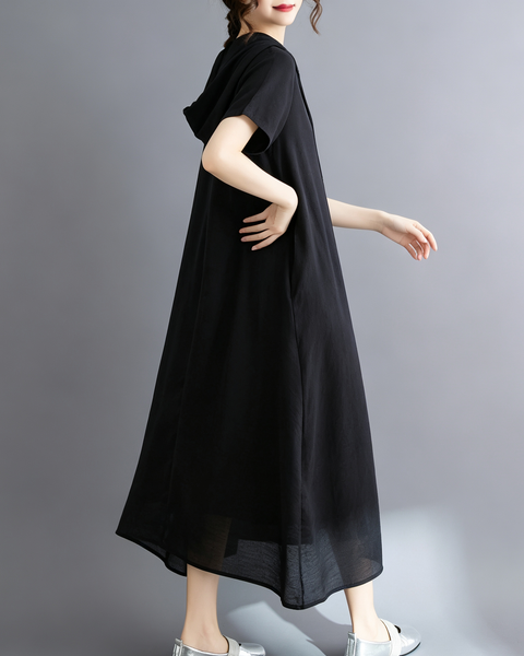 ellazhu Women's Hooded Maxi Dress V Neck Loose Fit A Line Beach GA2808