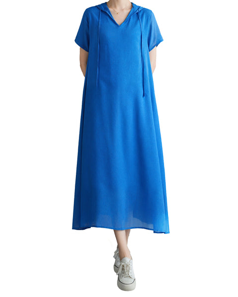 ellazhu Women's Hooded Maxi Dress V Neck Loose Fit A Line Beach GA2808