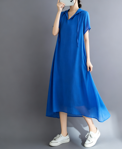 ellazhu Women's Hooded Maxi Dress V Neck Loose Fit A Line Beach GA2808
