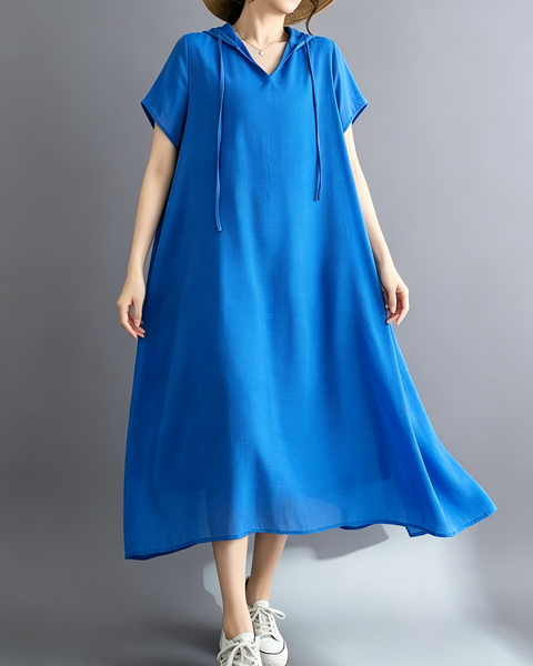 ellazhu Women's Hooded Maxi Dress V Neck Loose Fit A Line Beach GA2808