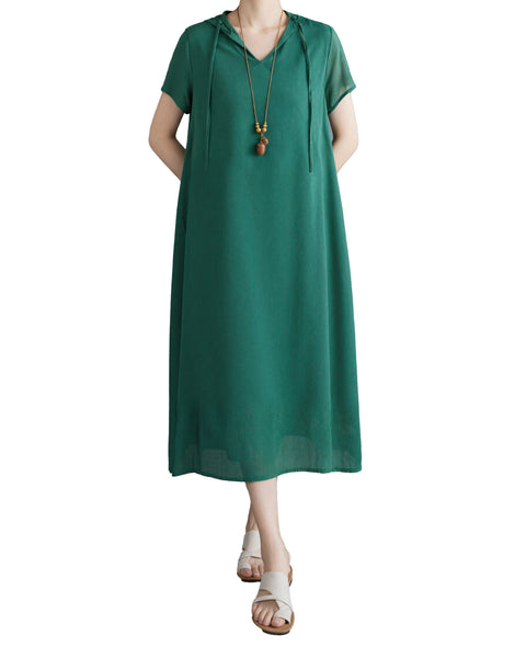 ellazhu Women's Hooded Maxi Dress V Neck Loose Fit A Line Beach GA2808