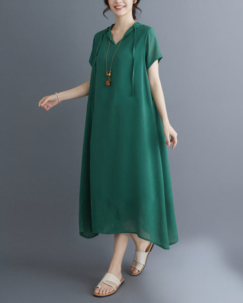ellazhu Women's Hooded Maxi Dress V Neck Loose Fit A Line Beach GA2808