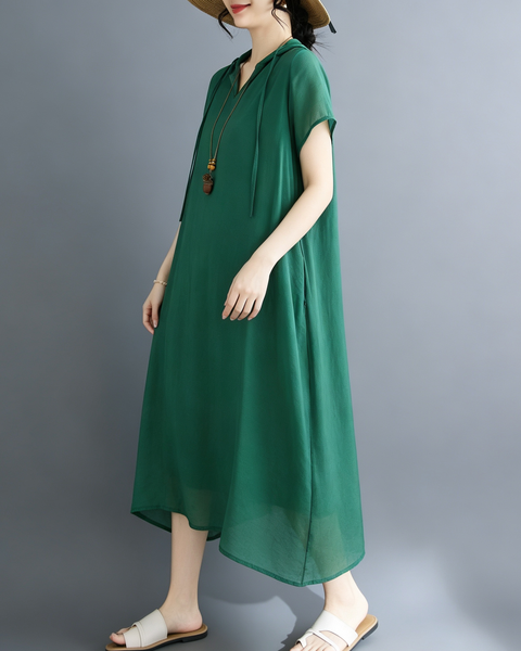 ellazhu Women's Hooded Maxi Dress V Neck Loose Fit A Line Beach GA2808