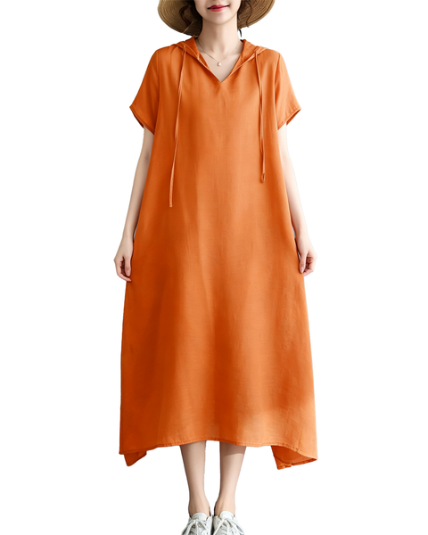 ellazhu Women's Hooded Maxi Dress V Neck Loose Fit A Line Beach GA2808