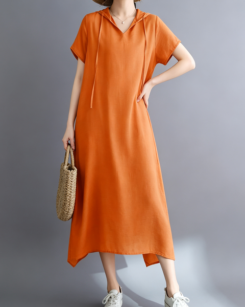 ellazhu Women's Hooded Maxi Dress V Neck Loose Fit A Line Beach GA2808