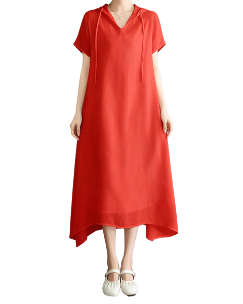 ellazhu Women's Hooded Maxi Dress V Neck Loose Fit A Line Beach GA2808