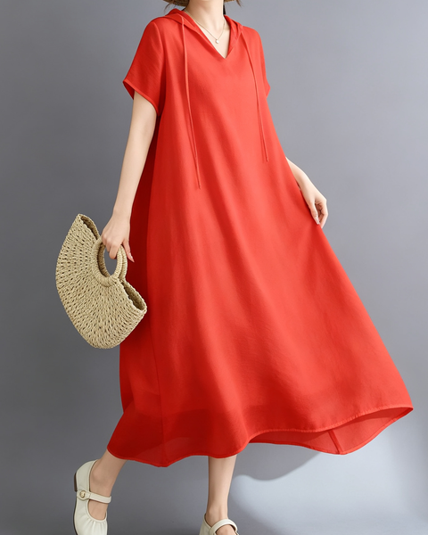 ellazhu Women's Hooded Maxi Dress V Neck Loose Fit A Line Beach GA2808