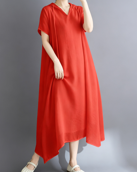 ellazhu Women's Hooded Maxi Dress V Neck Loose Fit A Line Beach GA2808