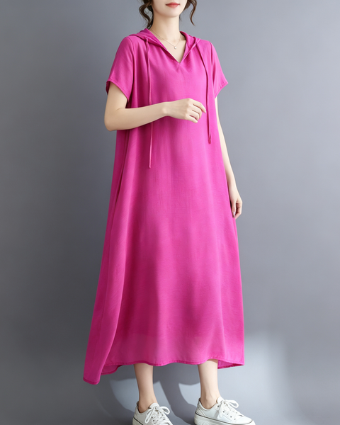 ellazhu Women's Hooded Maxi Dress V Neck Loose Fit A Line Beach GA2808