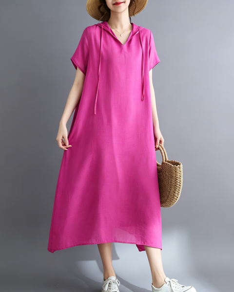ellazhu Women's Hooded Maxi Dress V Neck Loose Fit A Line Beach GA2808