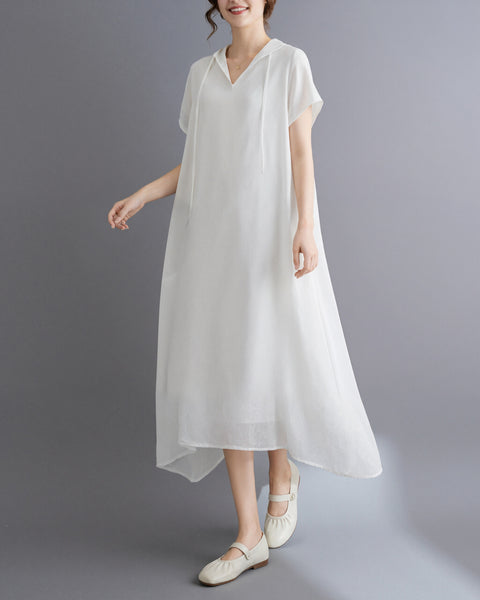 ellazhu Women's Hooded Maxi Dress V Neck Loose Fit A Line Beach GA2808