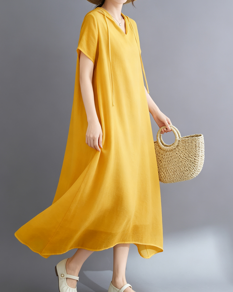 ellazhu Women's Hooded Maxi Dress V Neck Loose Fit A Line Beach GA2808
