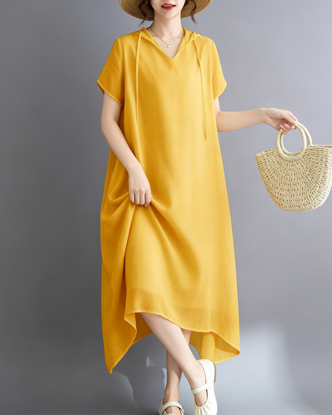 ellazhu Women's Hooded Maxi Dress V Neck Loose Fit A Line Beach GA2808