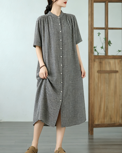 ellazhu Women's Gingham Shirt Dress Short Sleeve Button Front GA2809