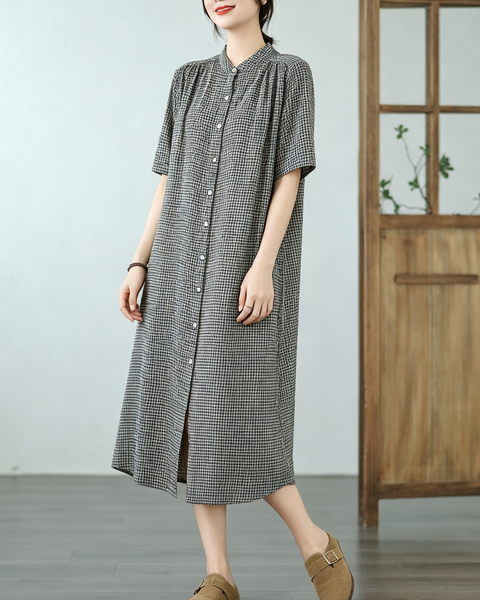 ellazhu Women's Gingham Shirt Dress Short Sleeve Button Front GA2809