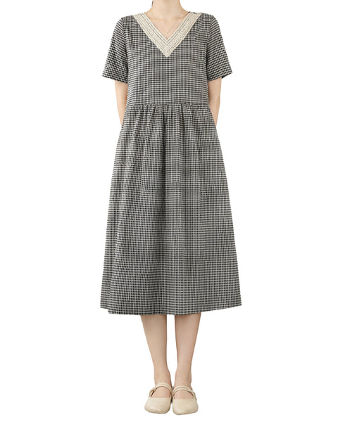 ellazhu Women's Plaid Lace Trim V Neck Midi Dress Short Sleeve GA2810