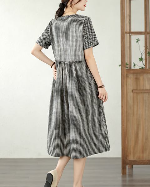 ellazhu Women's Plaid Lace Trim V Neck Midi Dress Short Sleeve GA2810