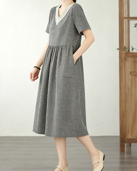 ellazhu Women's Plaid Lace Trim V Neck Midi Dress Short Sleeve GA2810
