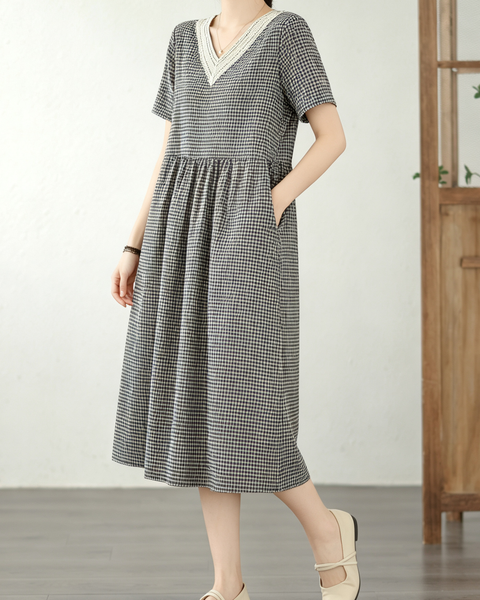 ellazhu Women's Plaid Lace Trim V Neck Midi Dress Short Sleeve GA2810