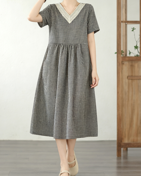 ellazhu Women's Plaid Lace Trim V Neck Midi Dress Short Sleeve GA2810