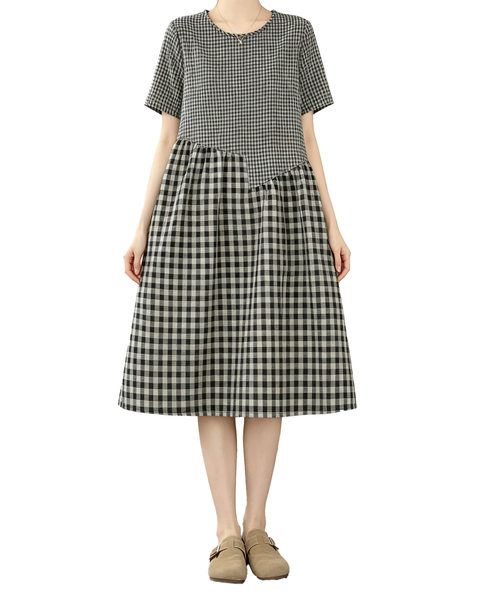 ellazhu Women's Plaid Patchwork A Line Midi Dress Short Sleeve GA2811