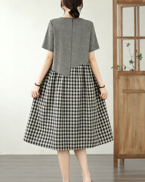 ellazhu Women's Plaid Patchwork A Line Midi Dress Short Sleeve GA2811