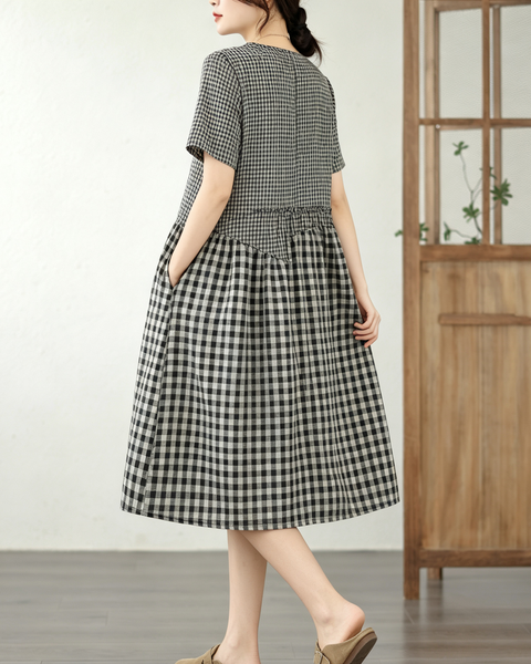 ellazhu Women's Plaid Patchwork A Line Midi Dress Short Sleeve GA2811