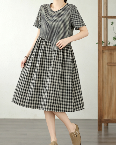 ellazhu Women's Plaid Patchwork A Line Midi Dress Short Sleeve GA2811