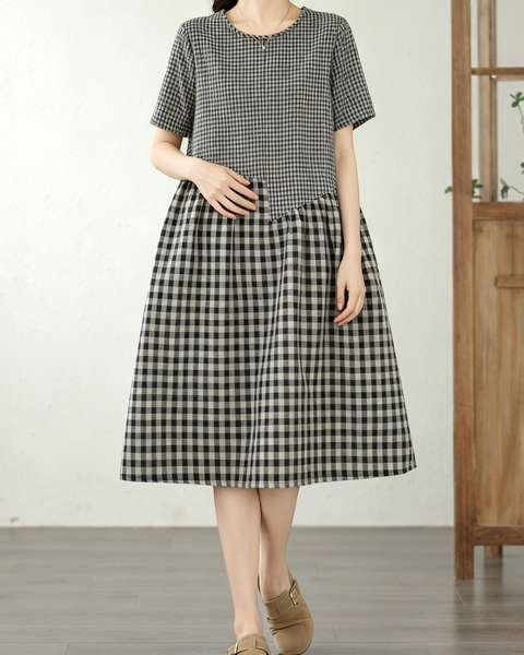 ellazhu Women's Plaid Patchwork A Line Midi Dress Short Sleeve GA2811