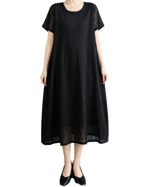 ellazhu Women's Lace Flowy Dress Round Neck Short Sleeve Loose GA2812