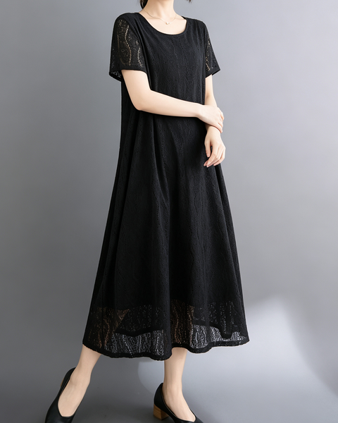 ellazhu Women's Lace Flowy Dress Round Neck Short Sleeve Loose GA2812