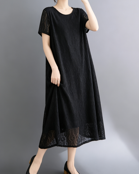 ellazhu Women's Lace Flowy Dress Round Neck Short Sleeve Loose GA2812