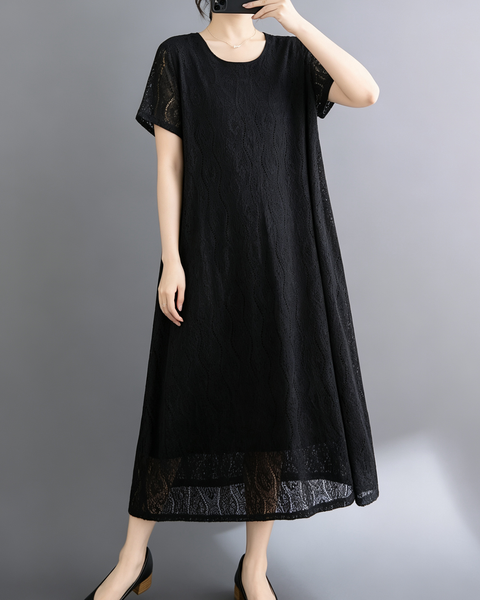 ellazhu Women's Lace Flowy Dress Round Neck Short Sleeve Loose GA2812
