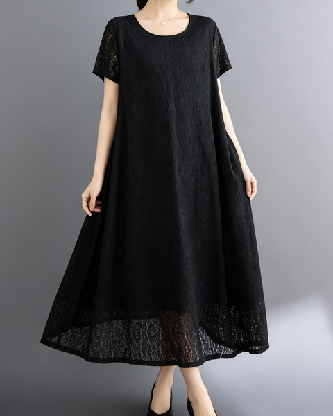 ellazhu Women's Lace Flowy Dress Round Neck Short Sleeve Loose GA2812