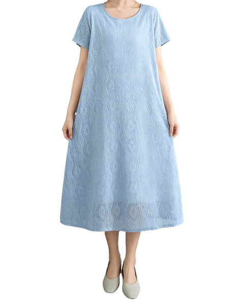 ellazhu Women's Lace Flowy Dress Round Neck Short Sleeve Loose GA2812