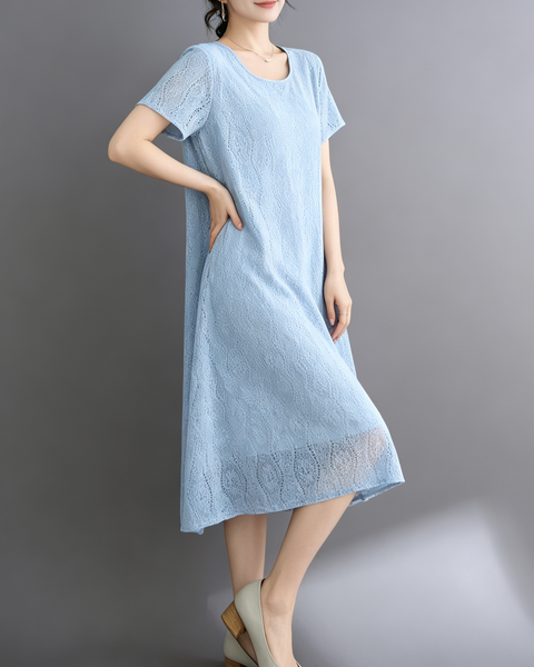 ellazhu Women's Lace Flowy Dress Round Neck Short Sleeve Loose GA2812