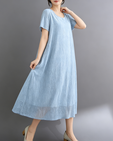 ellazhu Women's Lace Flowy Dress Round Neck Short Sleeve Loose GA2812