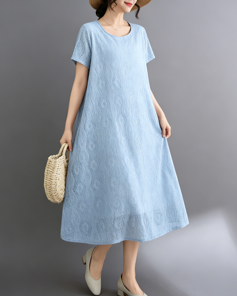 ellazhu Women's Lace Flowy Dress Round Neck Short Sleeve Loose GA2812
