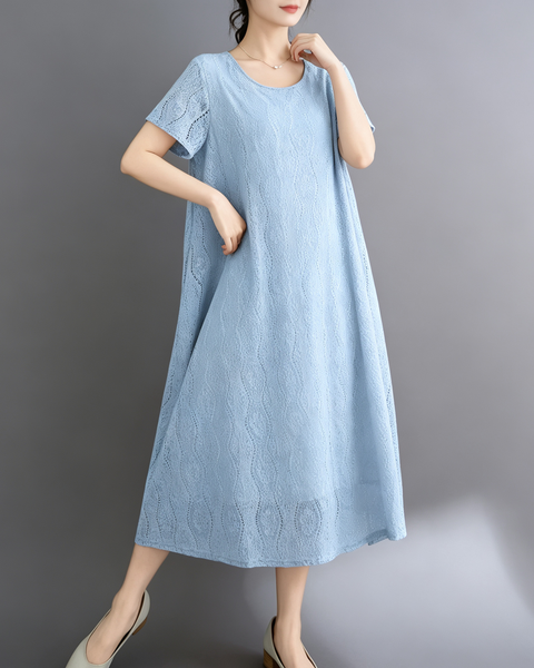 ellazhu Women's Lace Flowy Dress Round Neck Short Sleeve Loose GA2812
