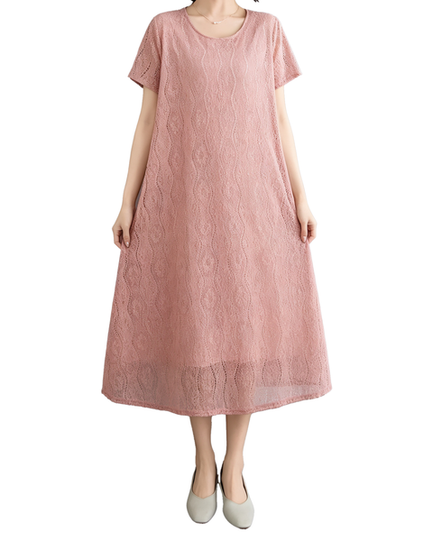 ellazhu Women's Lace Flowy Dress Round Neck Short Sleeve Loose GA2812