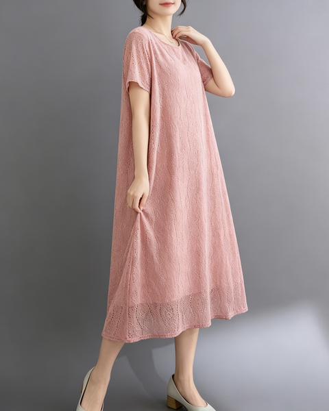 ellazhu Women's Lace Flowy Dress Round Neck Short Sleeve Loose GA2812