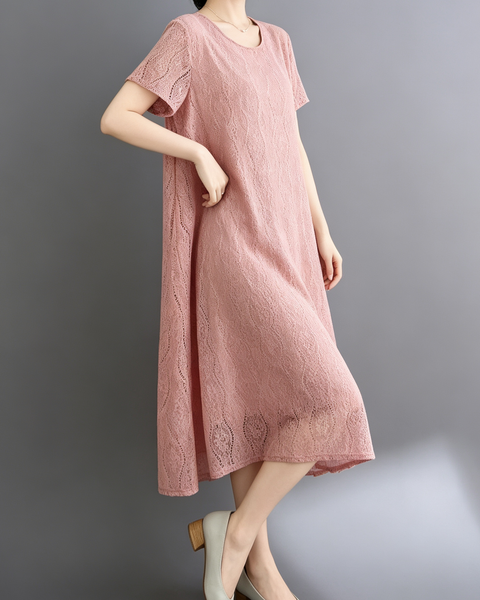 ellazhu Women's Lace Flowy Dress Round Neck Short Sleeve Loose GA2812
